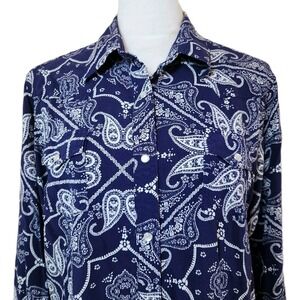 Wrangler Retro Pearl Snap Button Shirt Womens Large Blue Paisley Rodeo Western‎